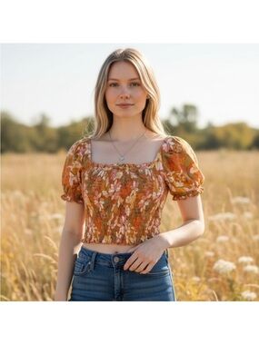 aerie Floral Smocked Puff-Sleeve Crop Top in Rust and Pink